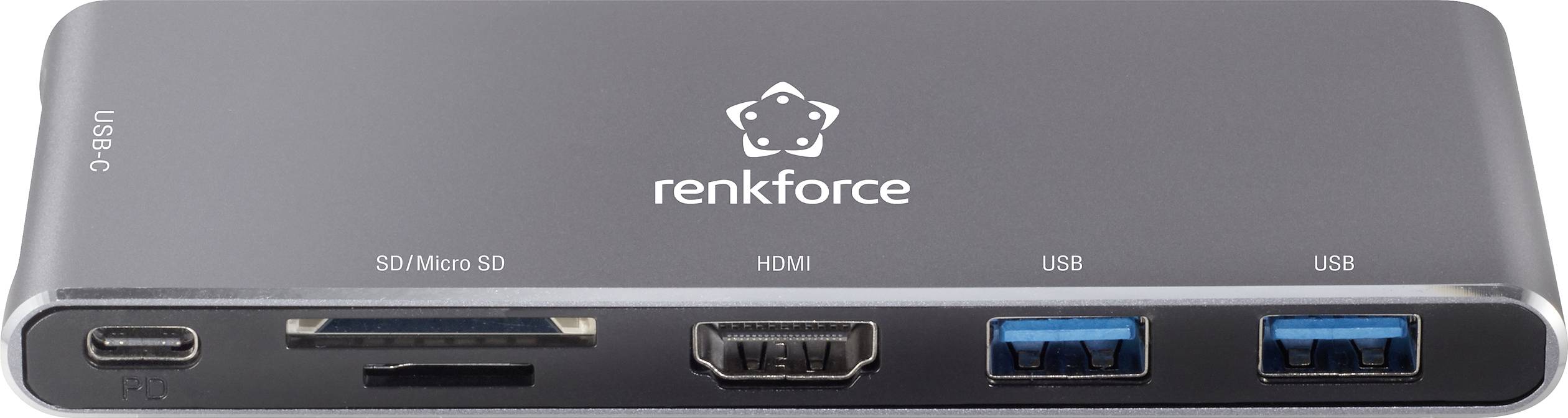 Black multi-port adapter with ports: USB-C, SD/Micro SD, HDMI and two USB ports. Brand 'renkforce'.
