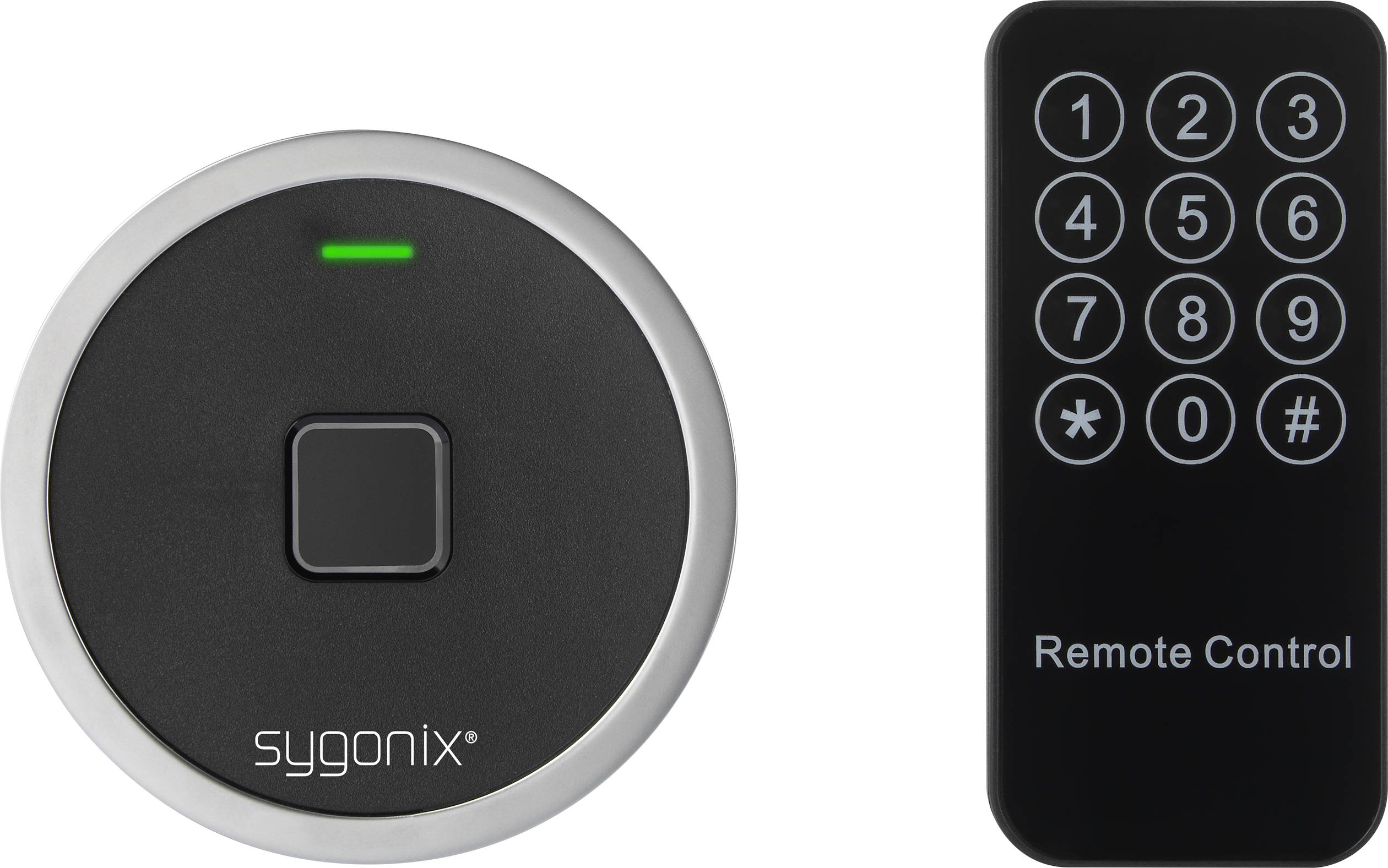 Electronic door opener and remote control. The remote control has buttons from 0 to 9, as well as * and # symbols.