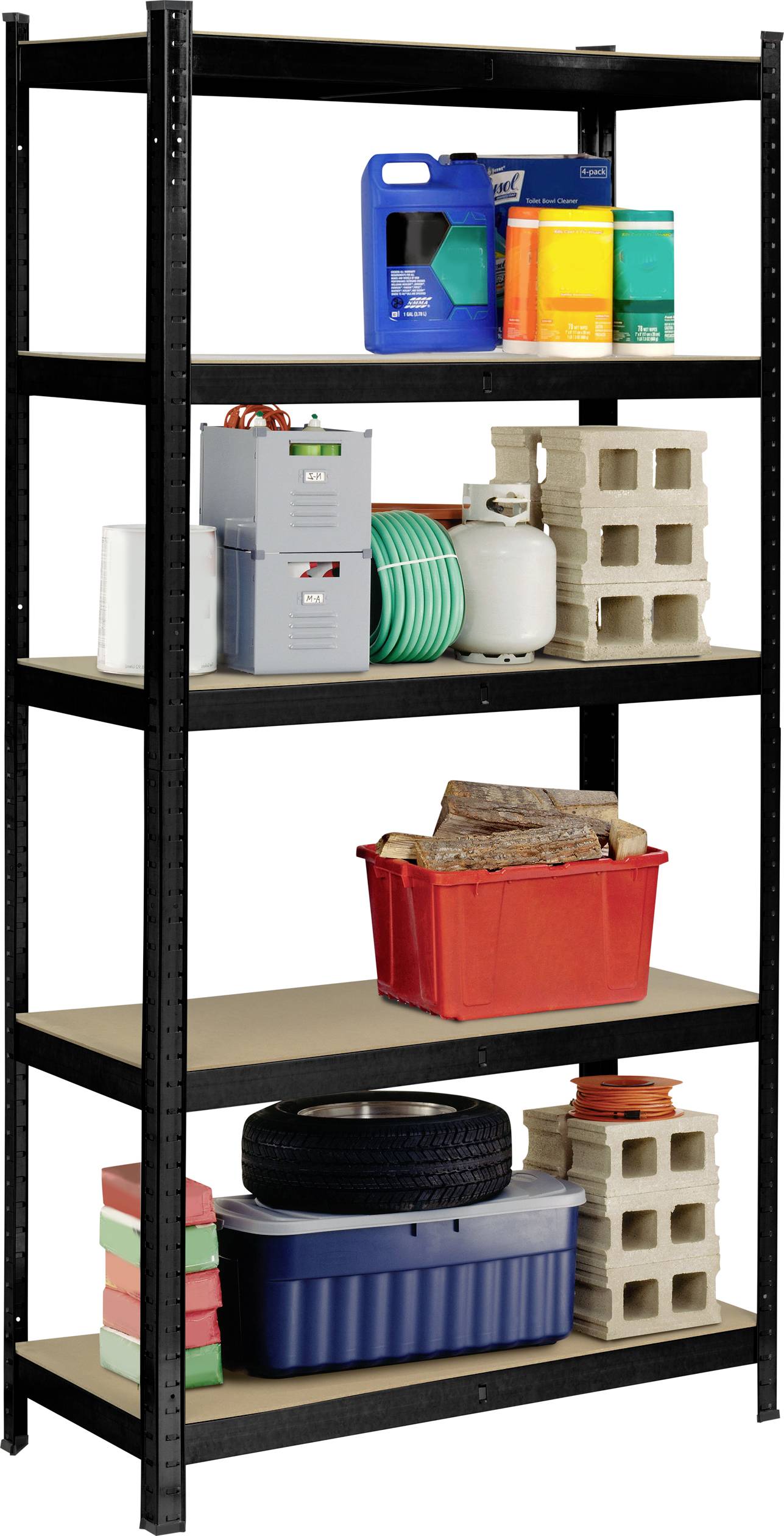 A metal shelving unit with five levels. On the top shelf are containers, in the middle are electronics and gas cylinders, and at the bottom are tyres, bricks, and additional boxes.