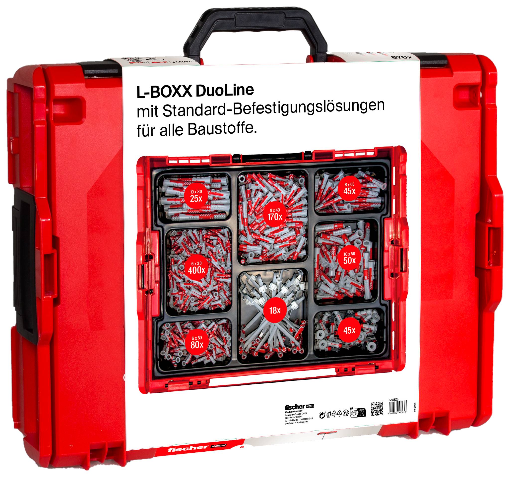 Red carry case labeled 'L-BOXX DuoLine' showing assorted fasteners for different building materials in compartmented trays.
