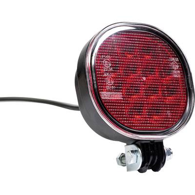 Round, red LED rear light with black mounting bracket and connected cable, suitable for vehicles.