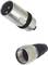 XLR plug and XLR socket for audio cable connection, metallic with black plastic elements, each with three pins/contacts.