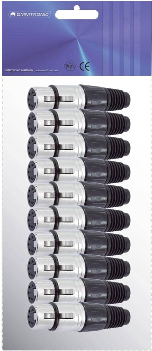 'Set of ten silver and black DIN connectors on a packaging card. Suitable for audio and electronic projects.'