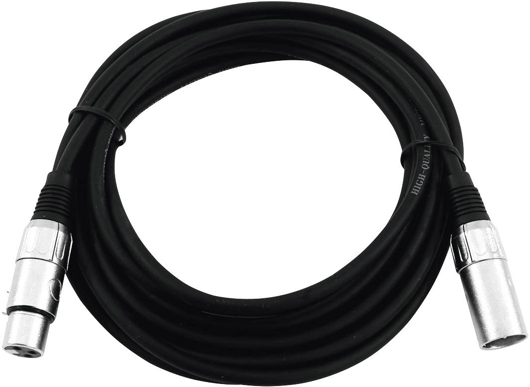 'A black XLR cable with silver connectors at both ends, coiled up. Primarily used for audio connections.'