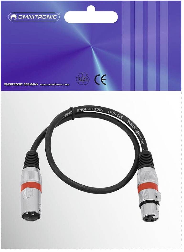 Omnitronic XLR Cable, balanced, black, 0.5 m. Packaging with brand name, CE mark, microphone connector plug.