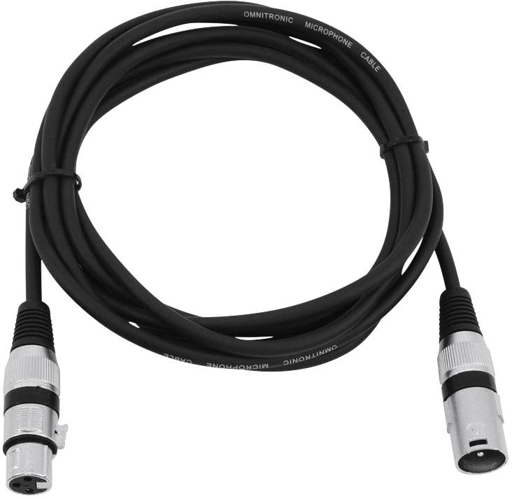 Microphone cable with XLR connectors, black cable, approximately 3 metres long. Suitable for audio connections in studio and stage environments.