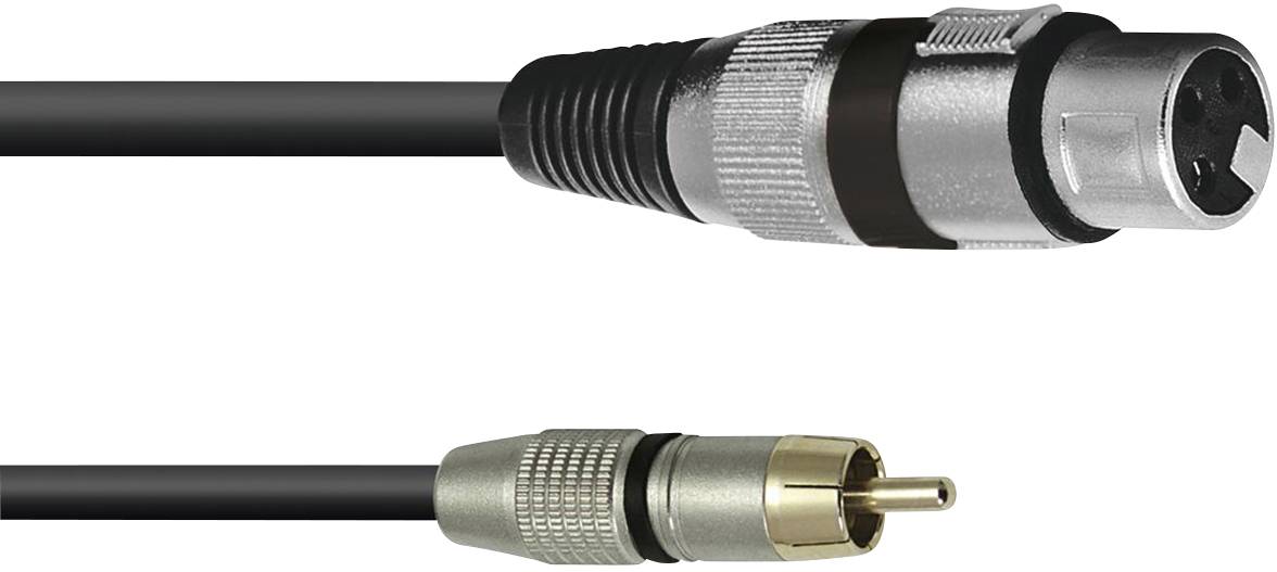 'An XLR plug at the top and a phono (RCA) plug at the bottom, both on a black cable, depicted on a white background.'