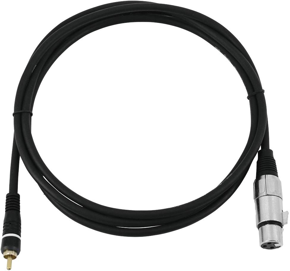 Black audio cable with an RCA plug on one side and an XLR plug on the other side, on a white background.