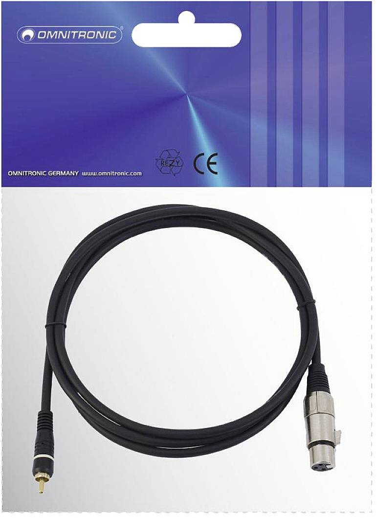 'Omnitronic' Audio Cable in Blister Packaging, XLR and RCA Connectors, Suitable for Audio Connections. Packaging in Blue and White Tones.