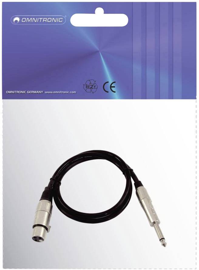 Packaging contains an audio cable with XLR and jack plugs, brand OMNITRONIC. Packaging displays logo and CE mark.