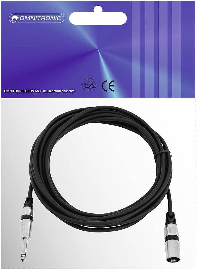 An audio cable with XLR plug and 6.3 mm jack plug. The packaging displays the Omnitronic logo and CE marking.