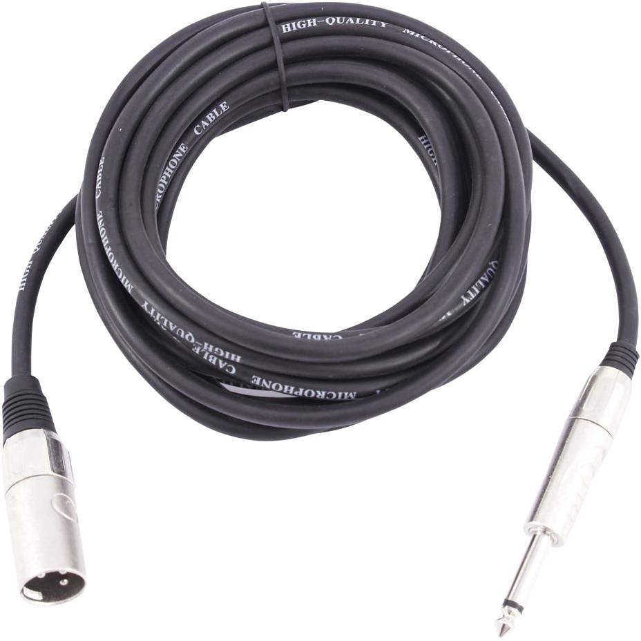 A long, black audio cable with an XLR connector on one end and a jack plug on the other, presented coiled.