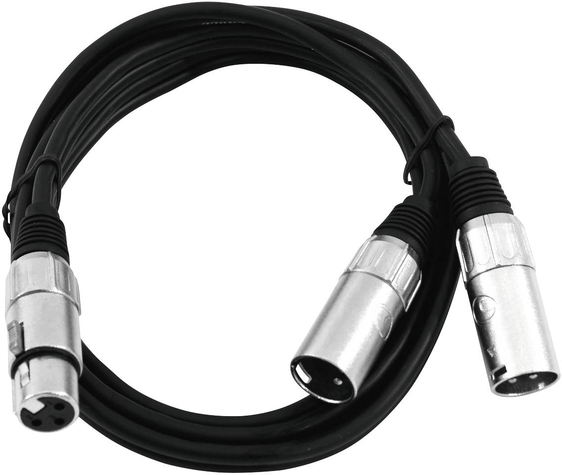 Black XLR cable with three-pin connectors at both ends, used for audio connections in professional applications.