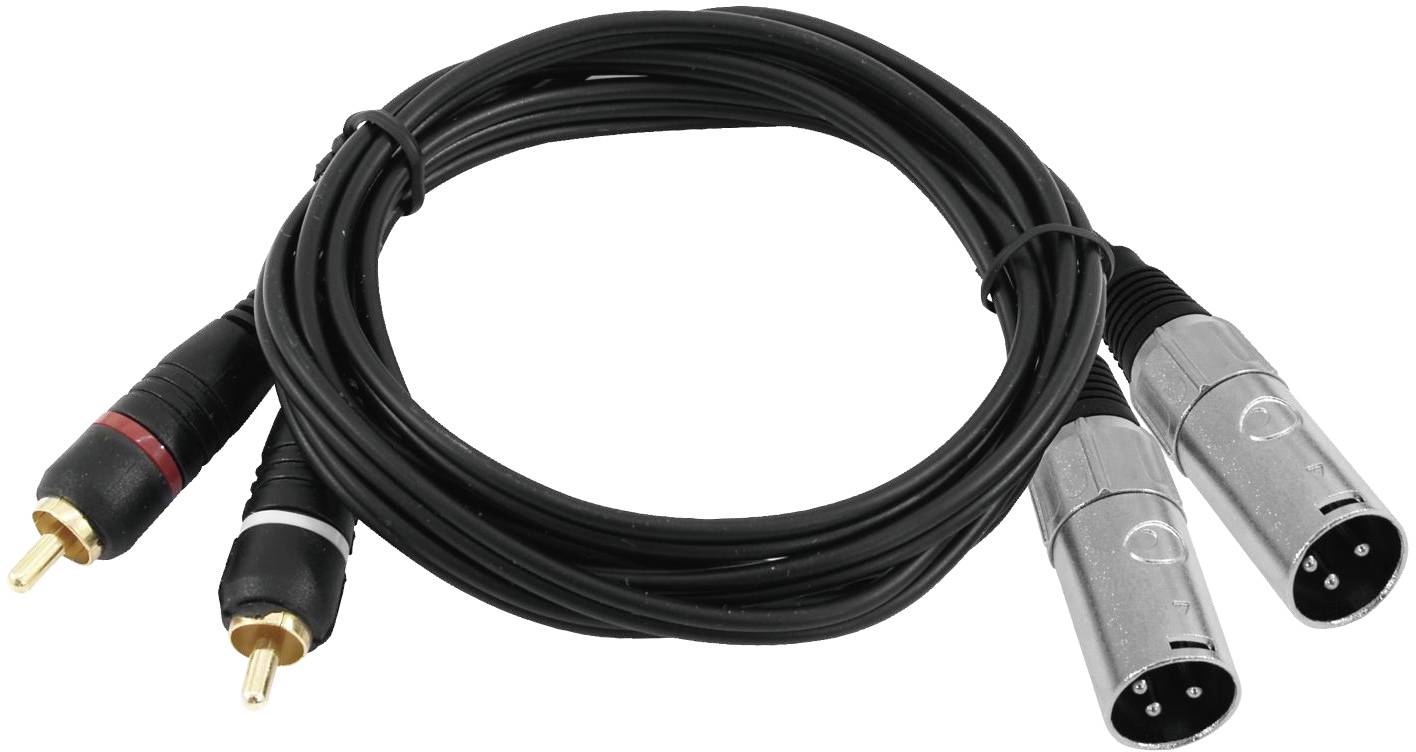 'A cable with two XLR plugs on one side and two RCA plugs on the other, suitable for audio connections.'
