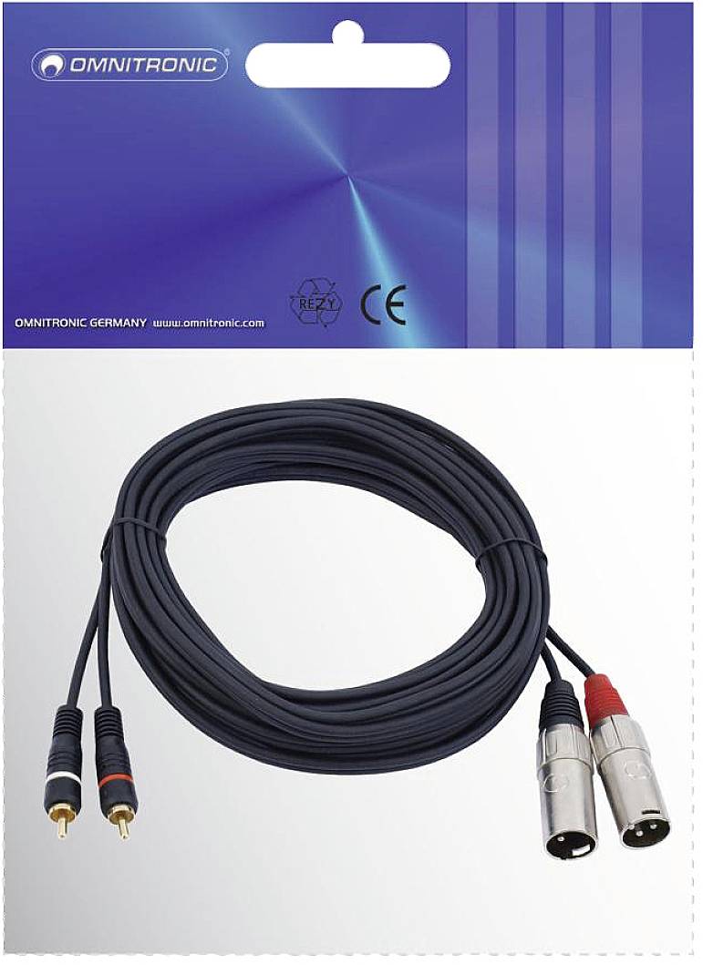 An audio cable with XLR and RCA plugs on packaging, marked with 'Omnitronic Germany' and CE logo.