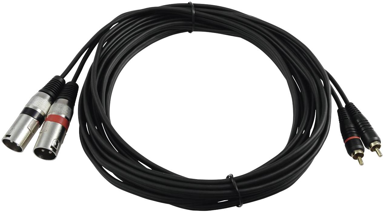 'A long, black audio cable with two XLR plugs and two RCA connectors, suitable for sound recordings or musical instruments.'