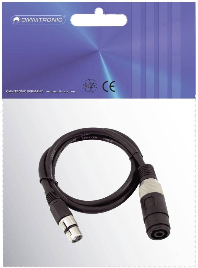 An Omnitronic audio cable with an XLR to 6.3 mm jack plug, packaged on a blue cardboard box with brand logo and CE symbol.