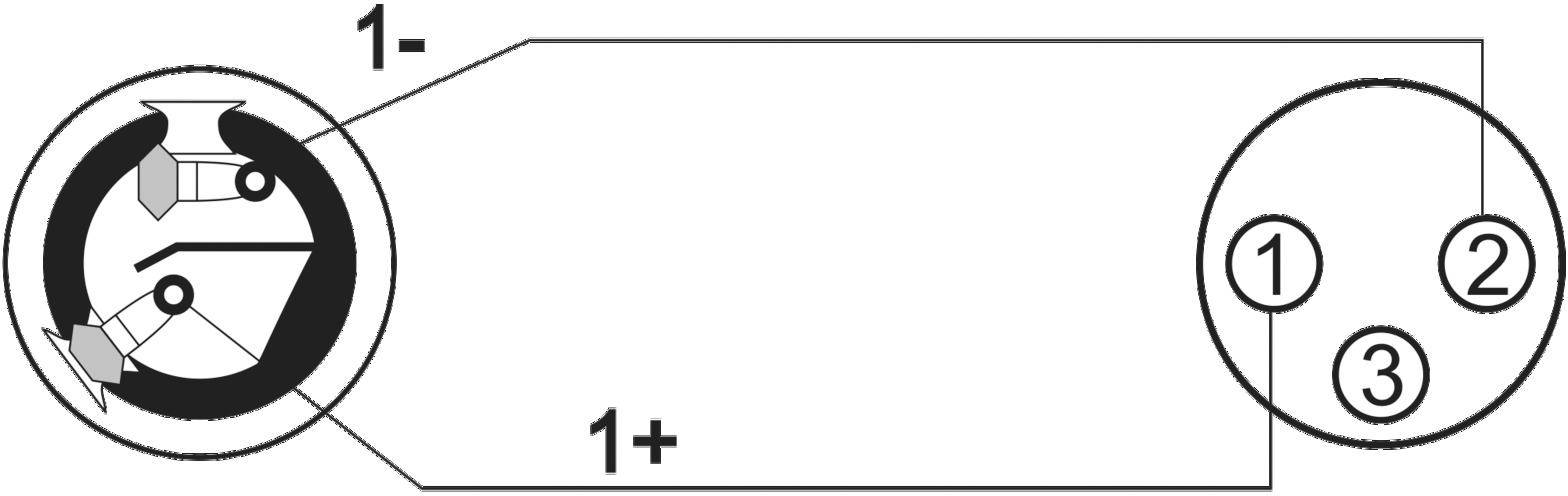 'Diagram of an electrical connector with polarity. On the left: Snap connection, on the right: Three socket positions, numbered 1 to 3.'