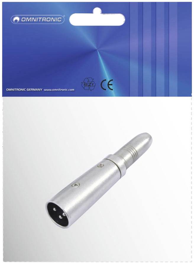 Silver-coloured XLR plug pictured. Reverse of packaging with blue design and company logo at the top, Omnitronic website at the bottom.