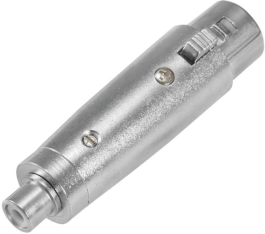 A silver adapter with a round plug end and a ribbed grip. Used for connecting audio devices.