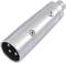 'A silver XLR plug with three pins, commonly used for professional audio cable connections.'