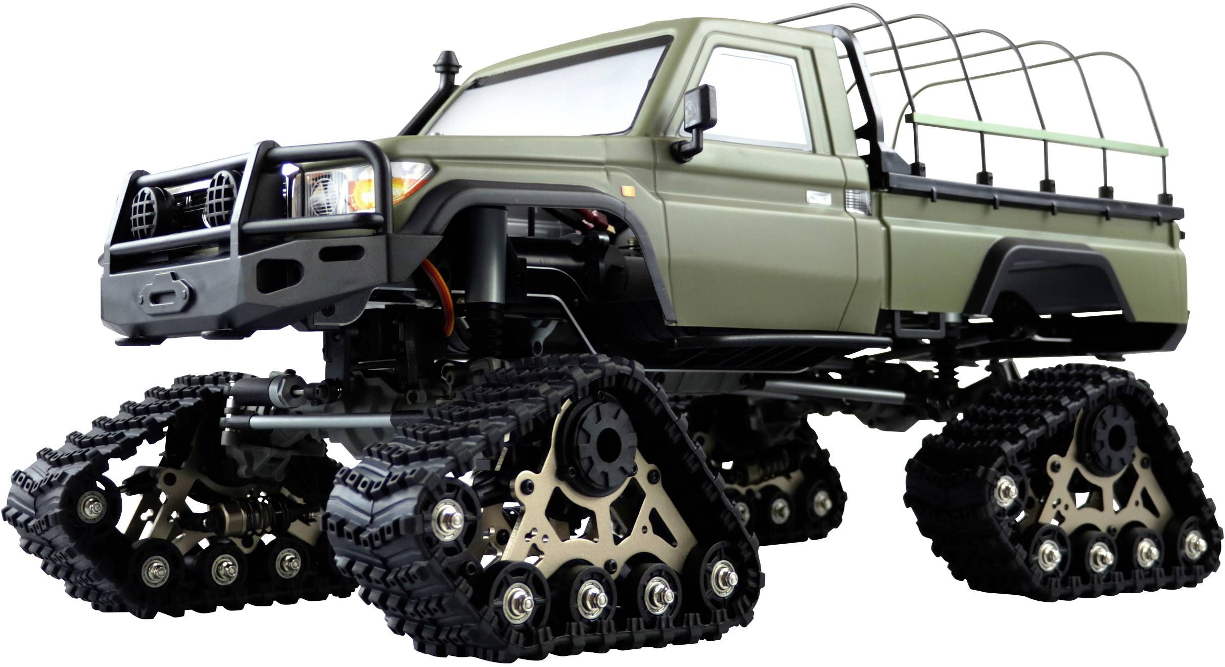 An olive green off-road vehicle with track chains instead of wheels, potentially suitable for challenging terrain or extreme conditions.