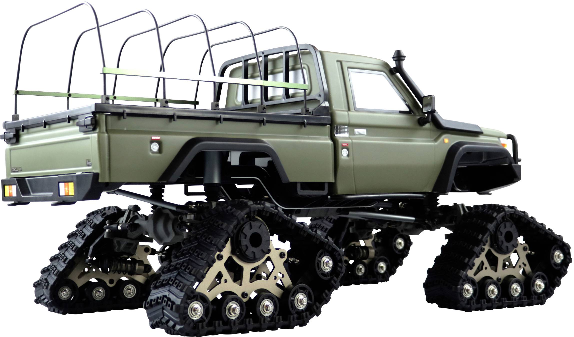 An olive green off-road vehicle with tracked drive instead of wheels, suitable for rough terrain, stands against a neutral background.