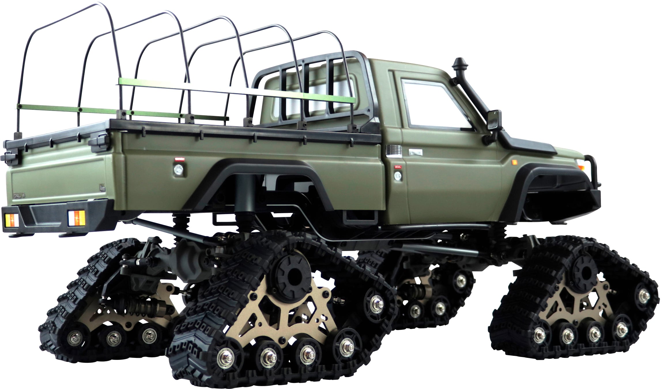 An olive green off-road vehicle with tracked drive instead of wheels, suitable for rough terrain, stands against a neutral background.