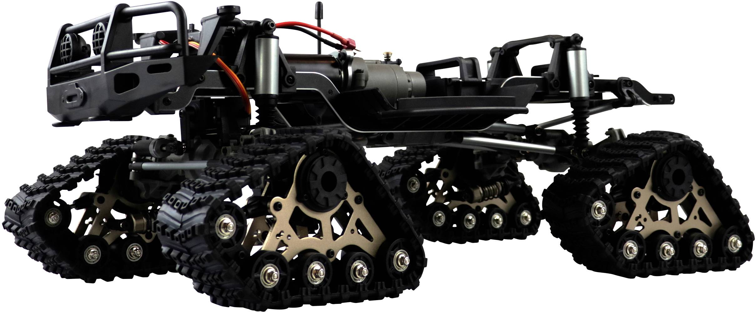 A remote-controlled six-wheeled vehicle with track drive, suitable for challenging terrain.