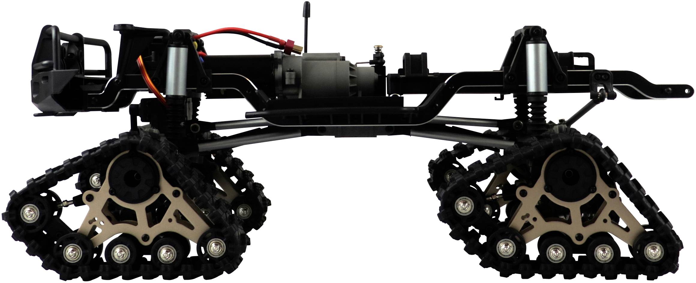 'Side view of a remote-controlled vehicle with tracked drive and visible motor, mounted without bodywork.'