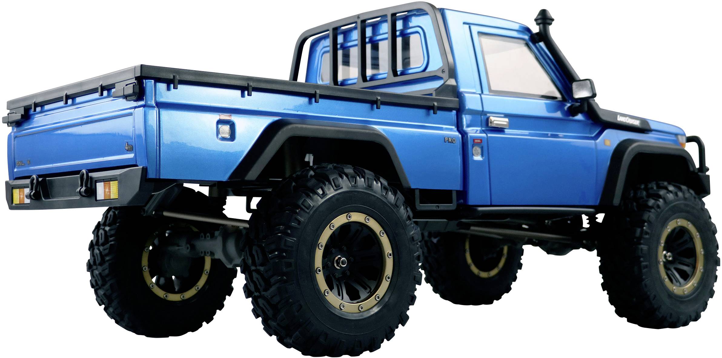 A blue off-road vehicle with rear lights is pictured on large, robust tyres. The vehicle has a load bed at the back.