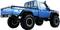 A blue off-road vehicle with rear lights is pictured on large, robust tyres. The vehicle has a load bed at the back.
