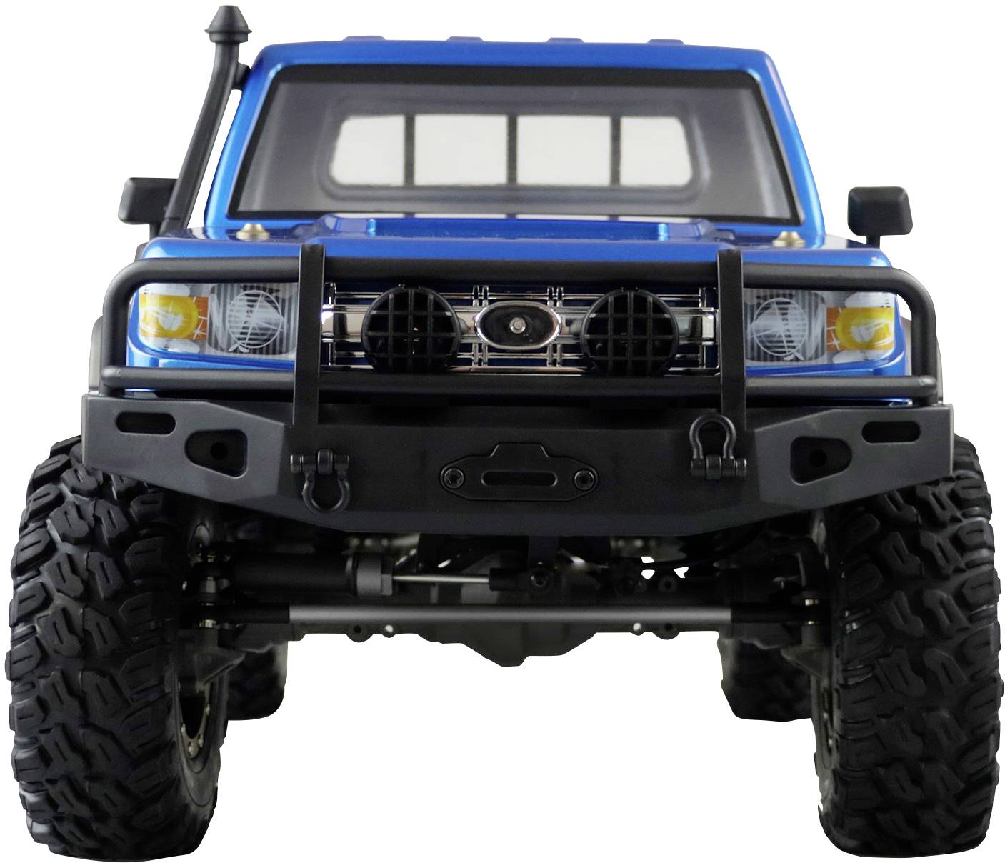 A blue off-road truck made of plastic with robust tyres, a front bull bar, and a detailed driver's cabin, viewed from the front.