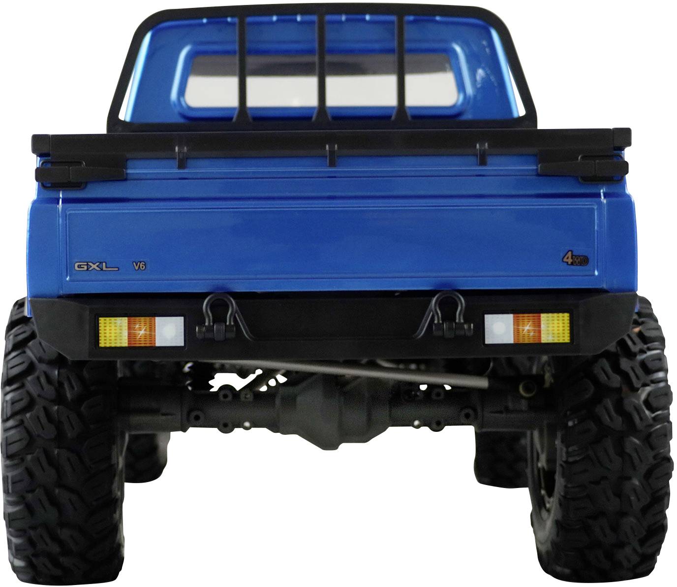 Rear view of a blue off-road vehicle with large tyres, a robust rear end and clear window, on a white background.