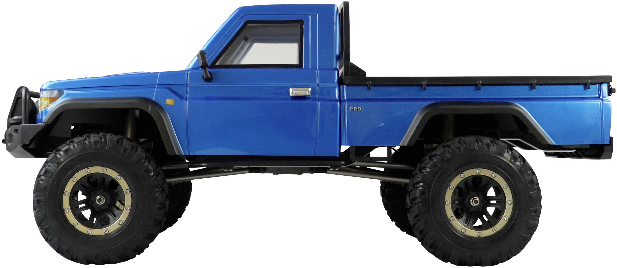 Blue off-road pickup truck with large tyres and black chassis, side view.