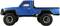Blue off-road pickup truck with large tyres and black chassis, side view.