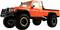 Orange off-road vehicle with large tyres and a load bed, extensively suitable for rough terrain.