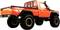 A brightly orange off-road vehicle toy with large black tyres, a robust frame, and a luggage rack on the load bed.