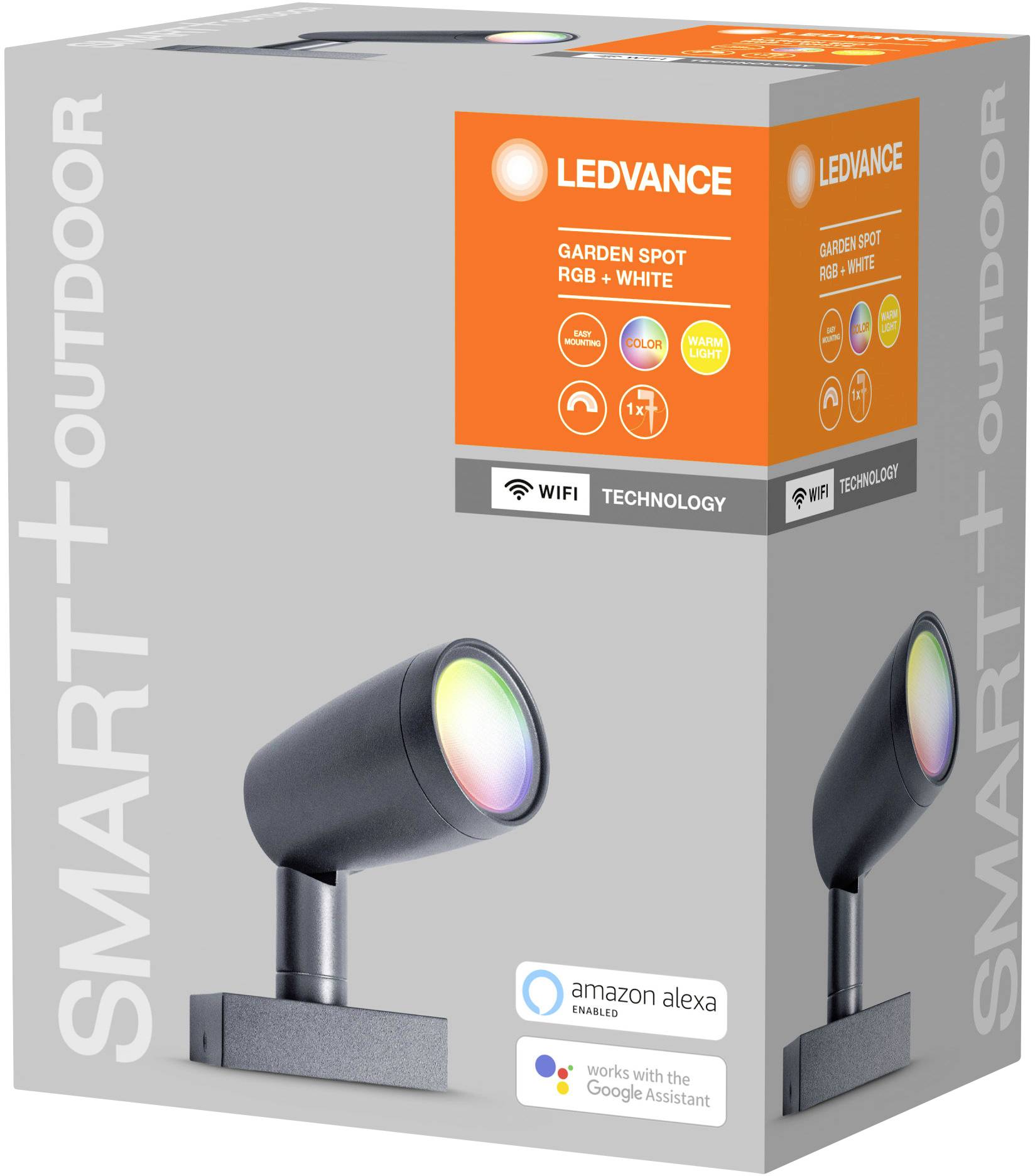 LED Garden Light, SMART+ Outdoor, RGB+White, with WiFi, compatible with Amazon Alexa and Google Assistant. Packaging shows product image.