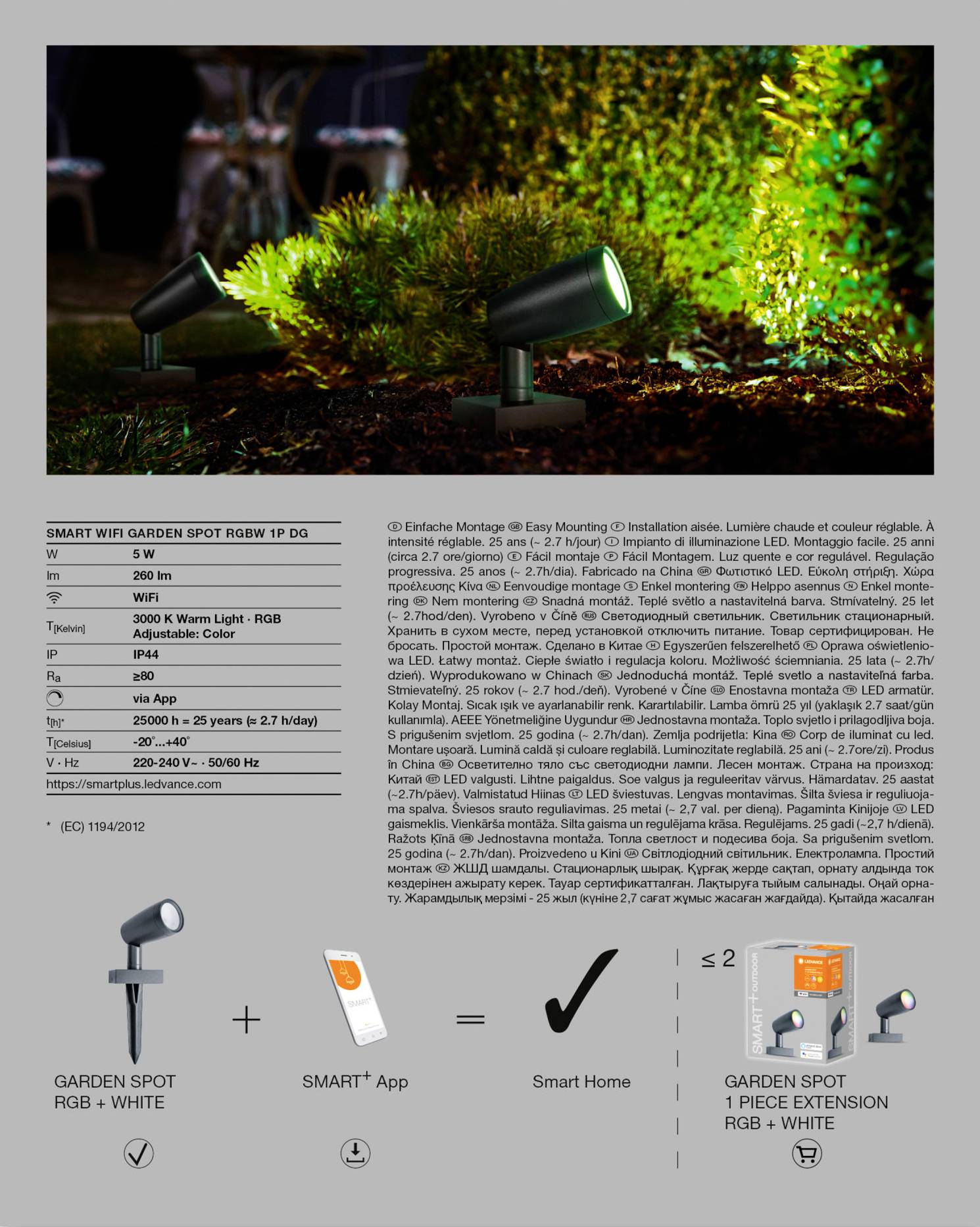 'Garden spotlight RGB + White with smart app control and easy installation. Energy-efficient, suitable for outdoor lighting.'