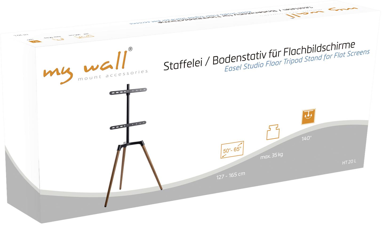'Packaging of a my wall floor stand for flat screens, with details on adjustable height (127-165 cm) and tilt angle (140°).'