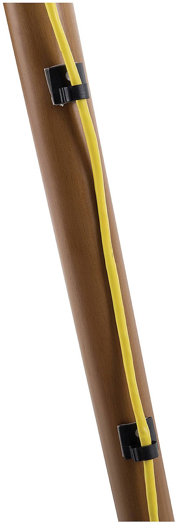 Yellow cable, vertically attached with clips to a brown wooden telegraph pole.