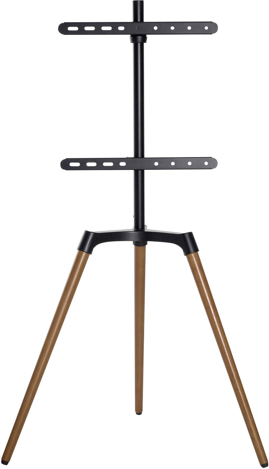 TV stand with black mounting bracket and three brown wooden legs. Suitable for modern interior, offers stability and style.