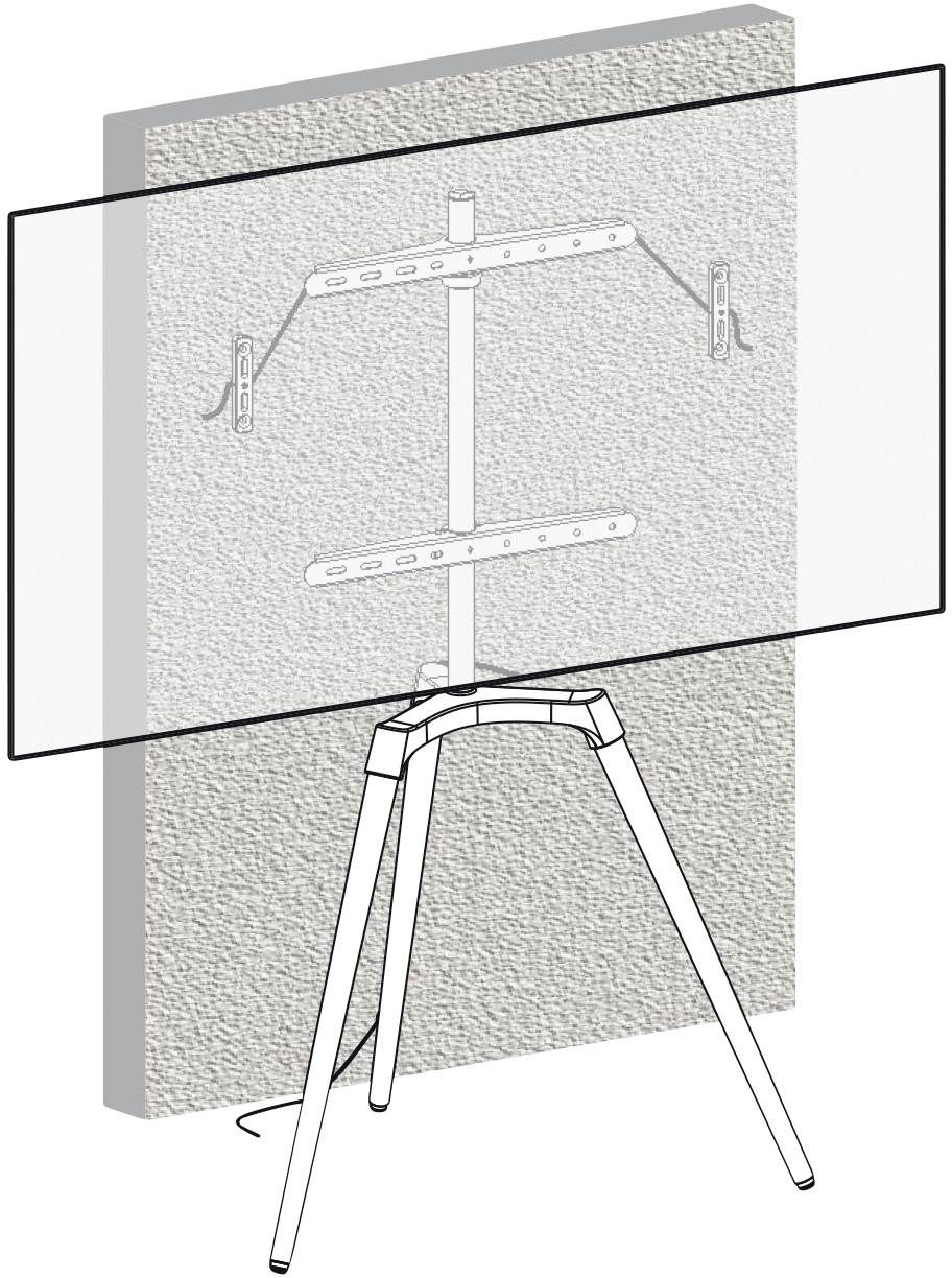 'Illustration of a TV stand in front of a wall with a mounting mechanism. The stand has three legs and a vertical support base.'