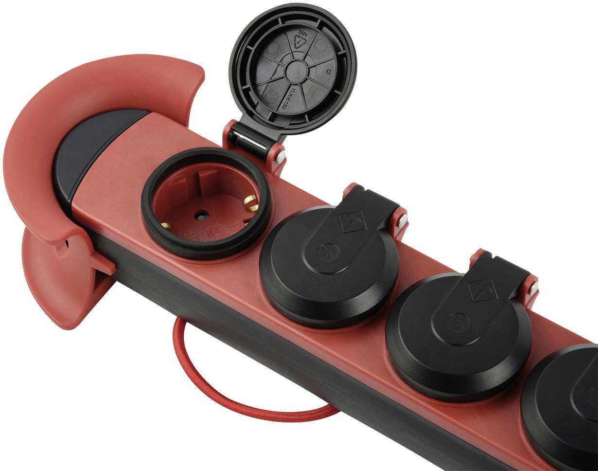 A red and black power strip with four round sockets, with one cover open.