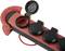 A red and black power strip with four round sockets, with one cover open.