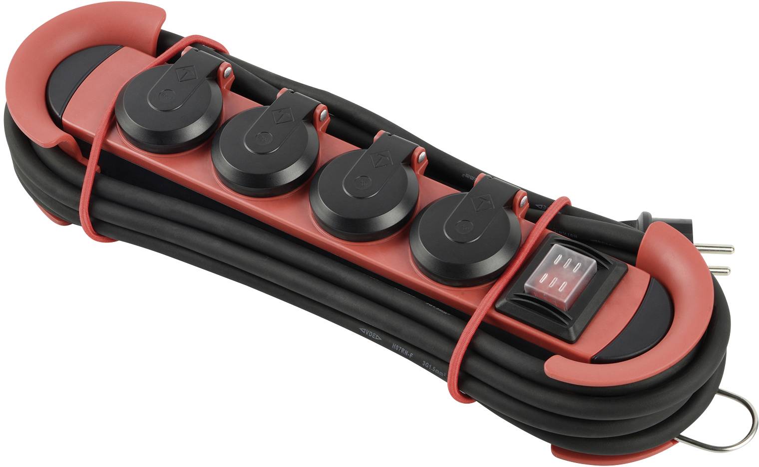 Red and black multi-socket extension with four sockets and an on/off switch, cable neatly coiled.