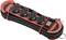 Red and black multi-socket extension with four sockets and an on/off switch, cable neatly coiled.