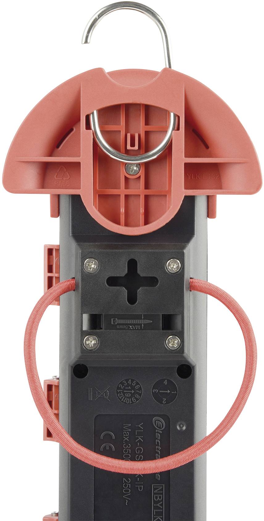 A red, vertically hanging electric testing device with a hook for suspension and cables on both sides.