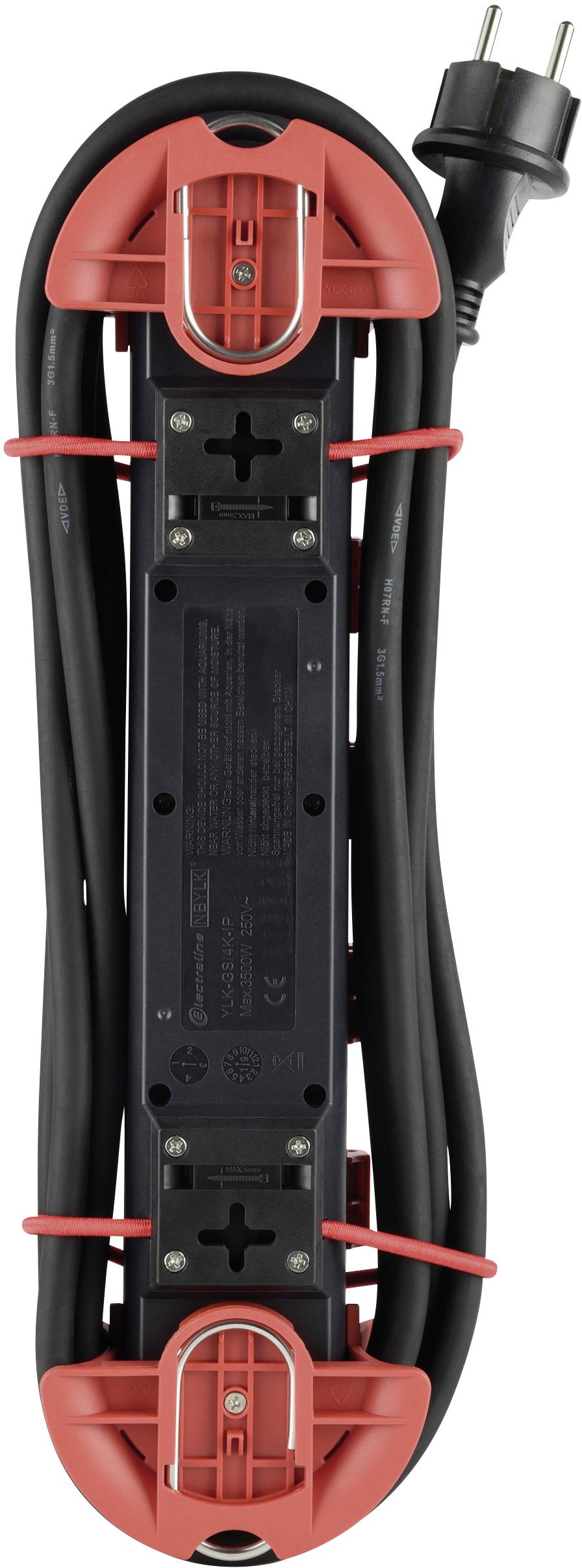 A black extension cable on a red cable reel with a European plug, suitable for indoor household appliances.